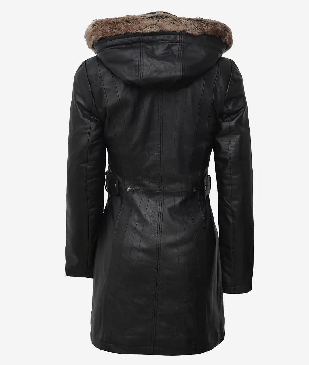 Women's Black Premium Leather Coat - Removable Fur Hood LSW-0099