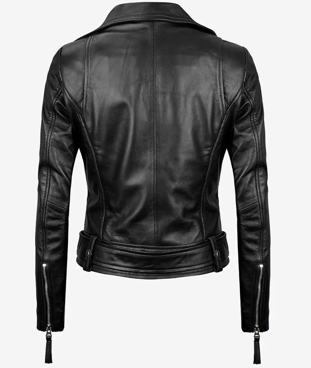 Women's Black Asymmetrical Leather Motorcycle Jacket LSW-0041