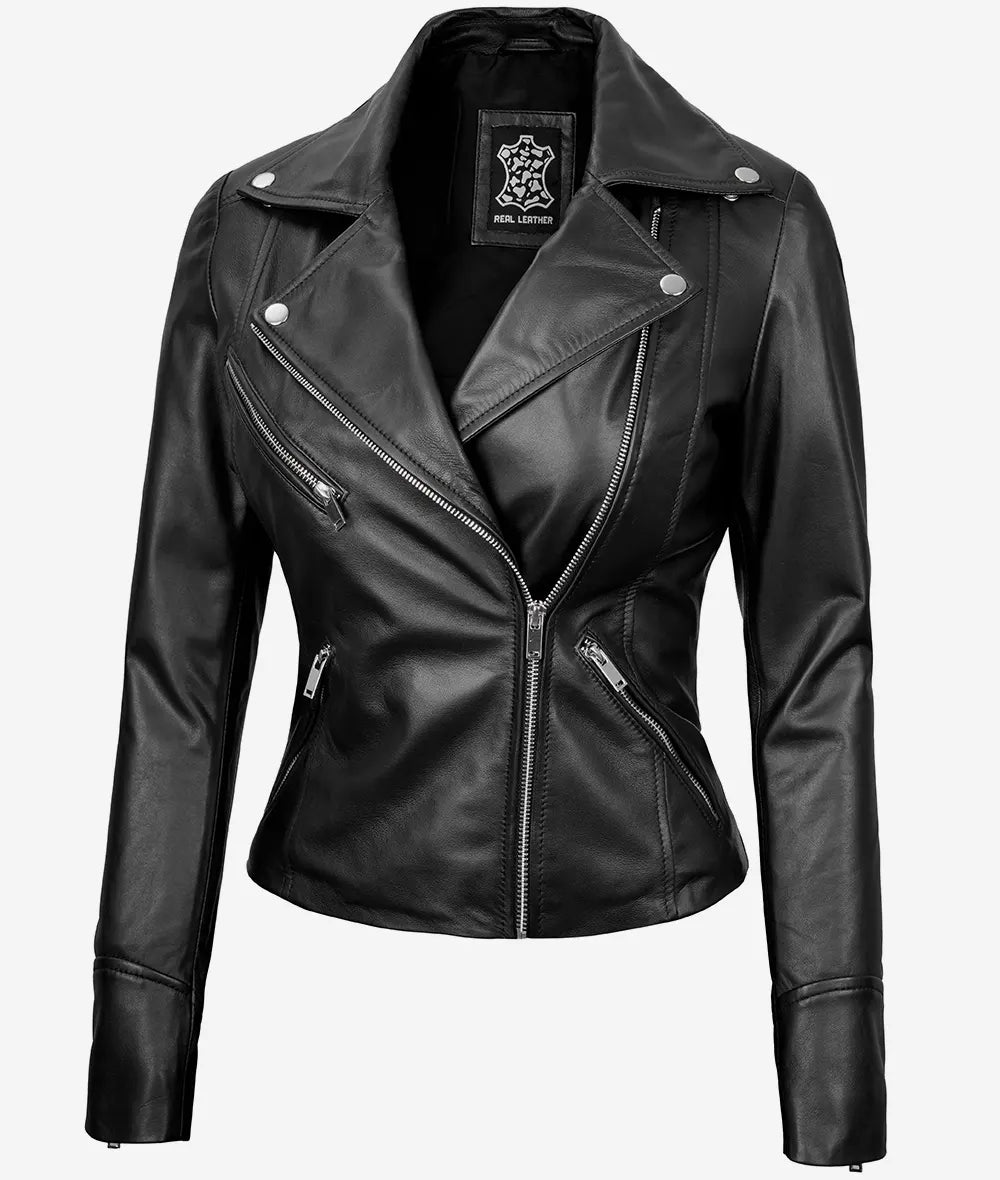 Rita Womens Asymmetrical Black Leather Moto Jacket LSW-0016