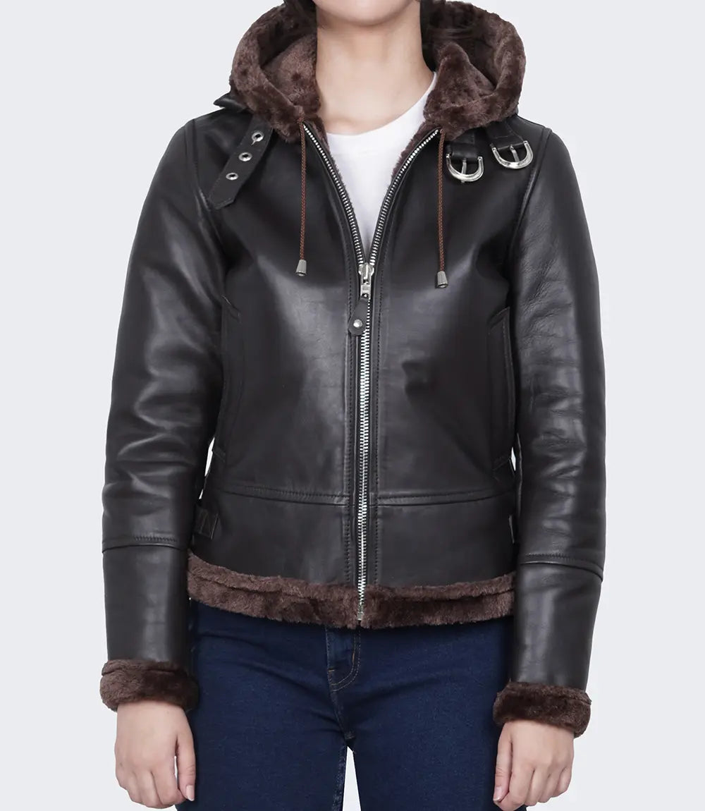 Women's Dark Brown Aviator Leather Jacket With Hood LSW-0077