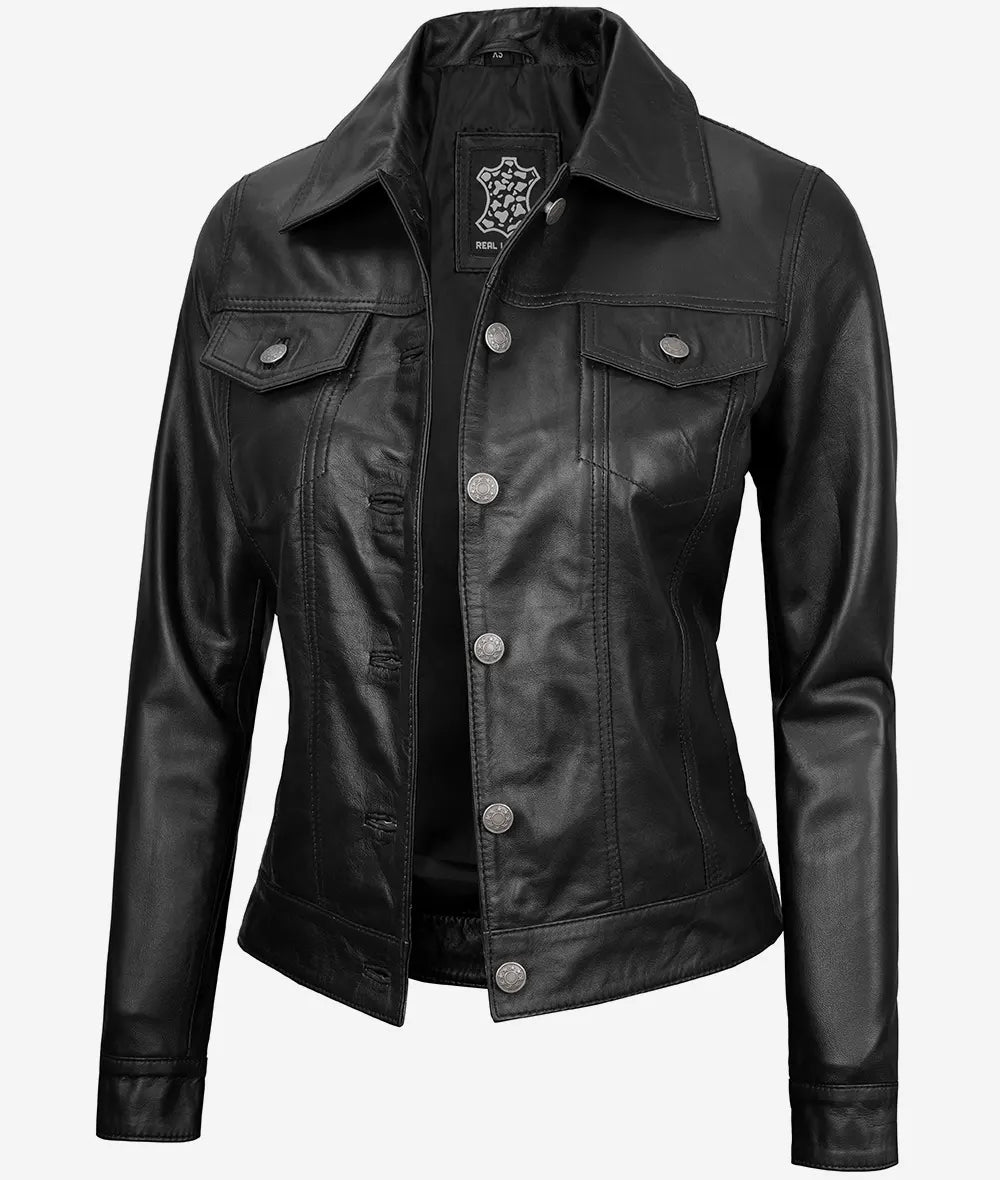 Women's Black Lambskin Leather Four-Pocket Trucker Jacket LSW-0033