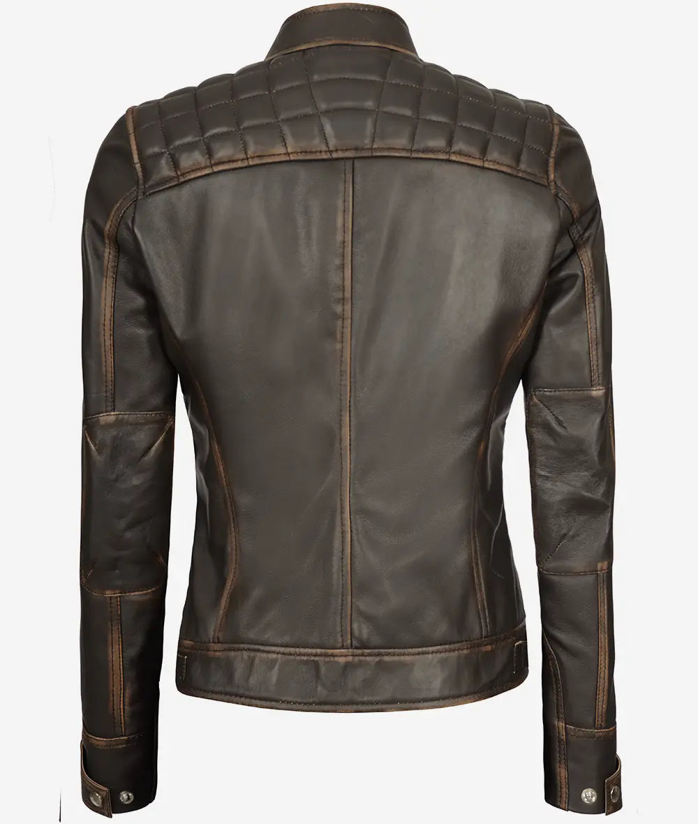 Womens Quilted Rub off Dark Brown Real Lambskin Leather Motorcycle Jacket LSW-0046