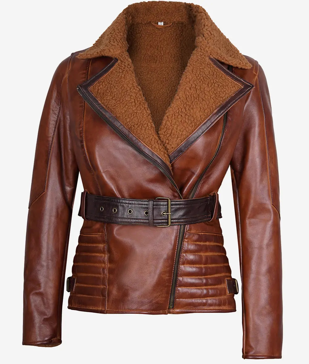 Womens Brown Moto Sherpa Leather Jacket LSW-0068