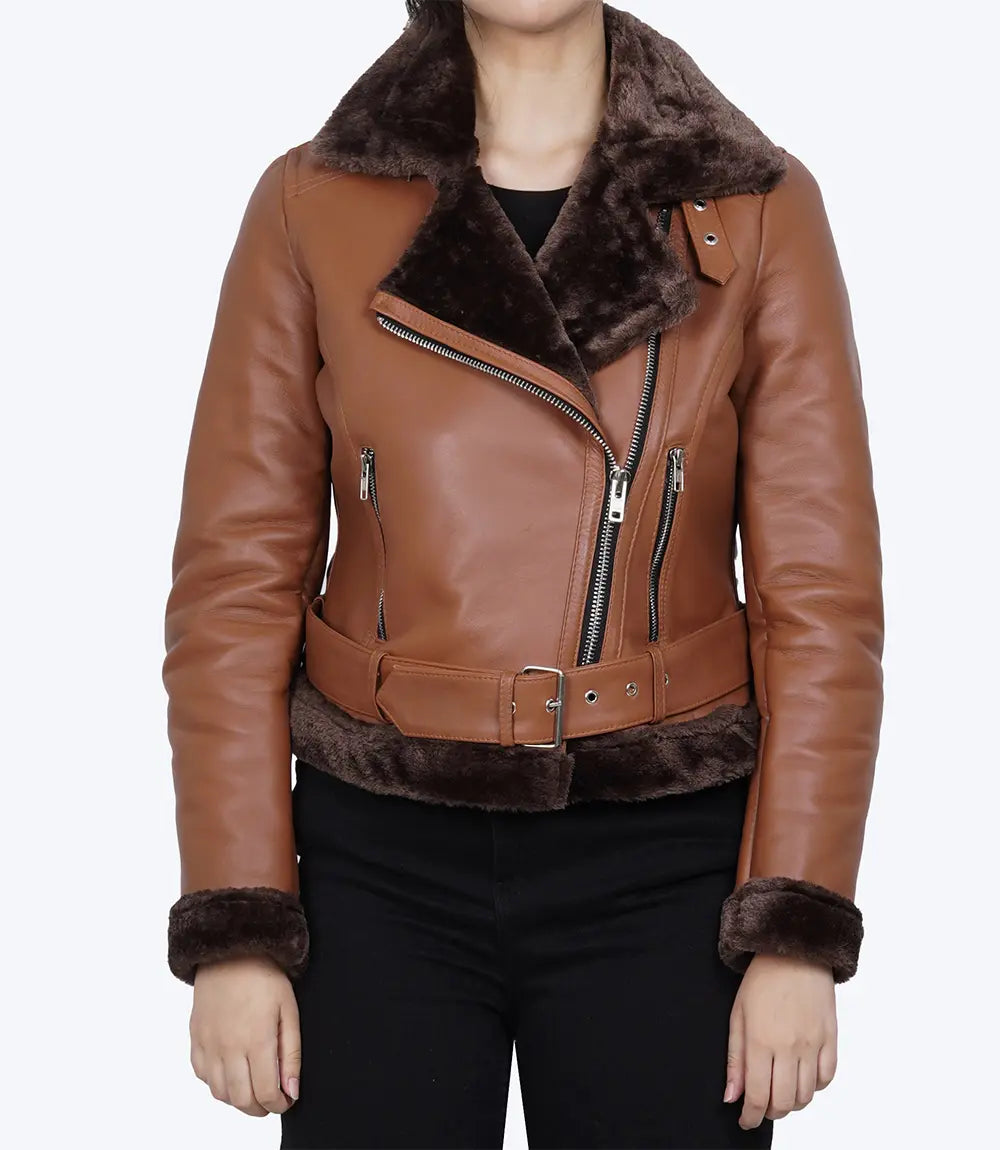 Women's Asymmetrical Shearling Leather Jacket LSW-0064