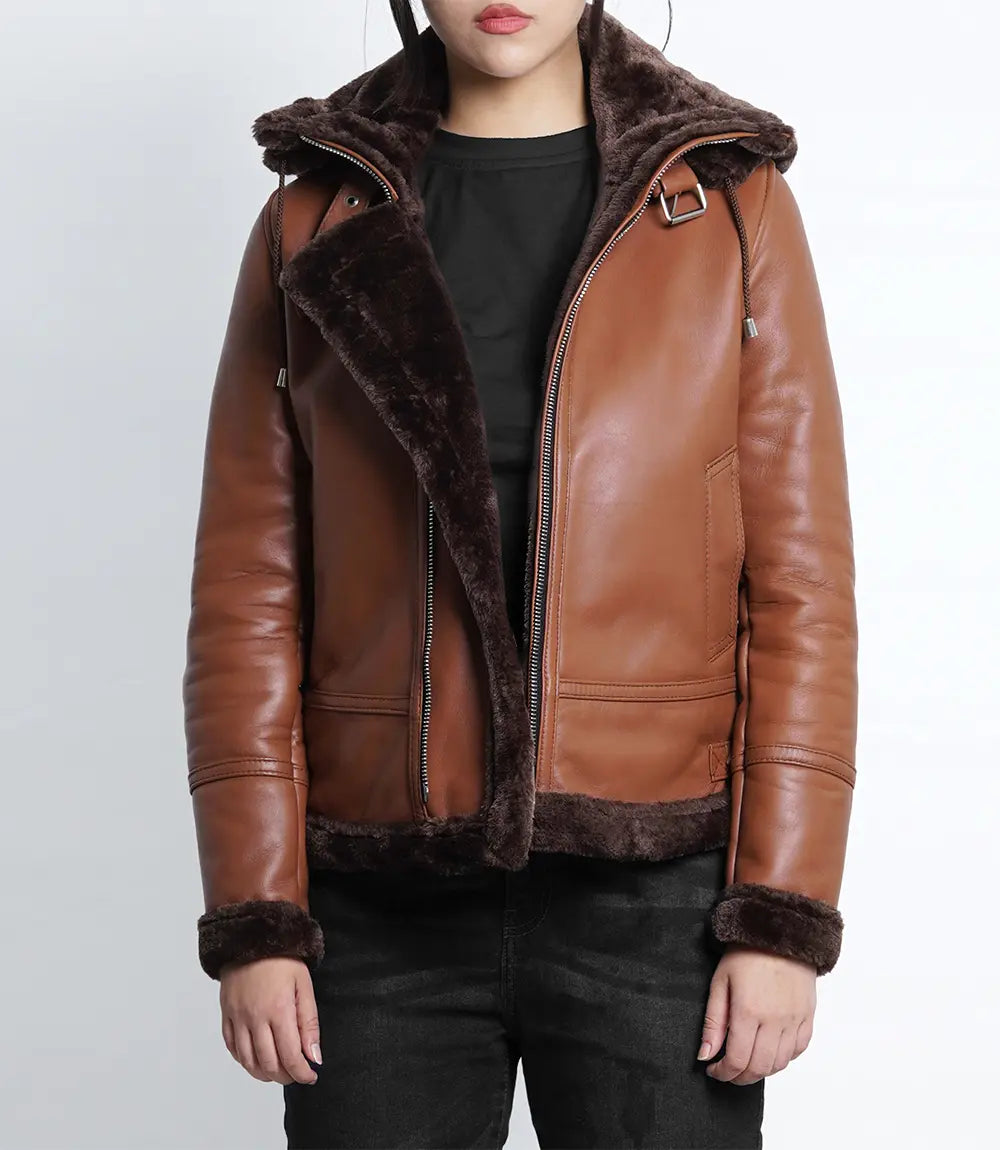 Women's Cognac B3 Bomber Shearling Leather Jacket LSW-0073