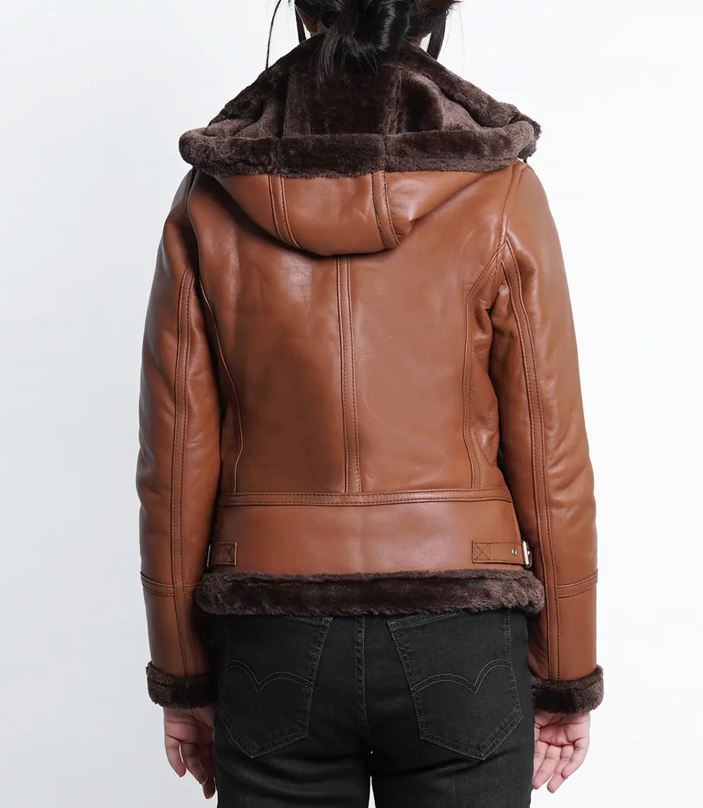 Women's Cognac B3 Bomber Shearling Leather Jacket LSW-0073