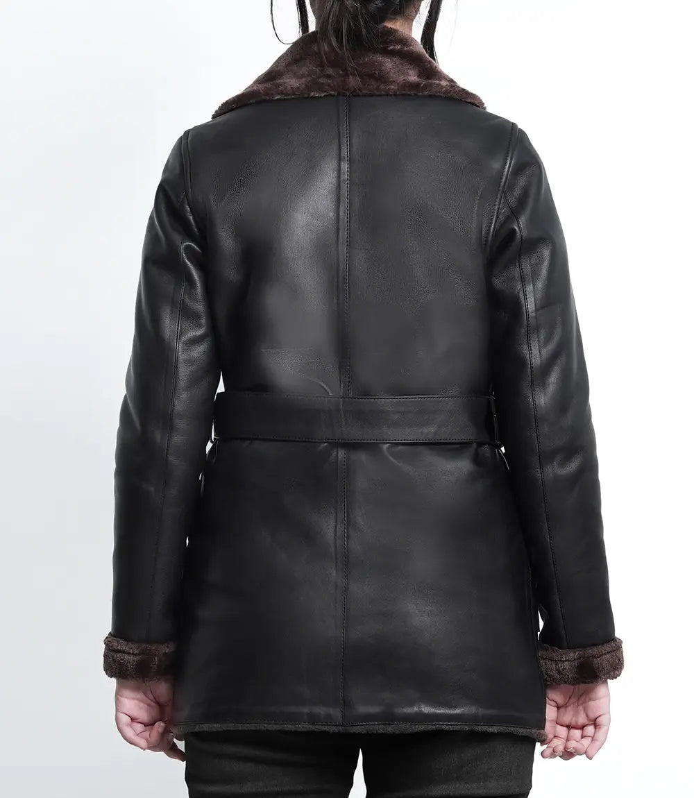 Womens Dark Brown Shearling Lined Belted Leather Coat LSW-0078
