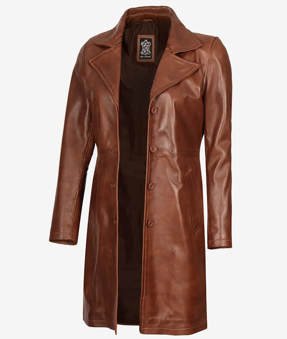 Long Cognac Leather Car Coat for Women LSW-0106