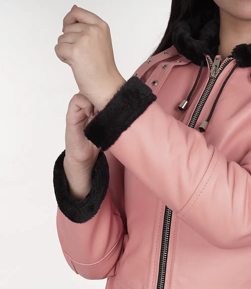 Women's Pink Aviator Leather Jacket With Hood LSW-0075