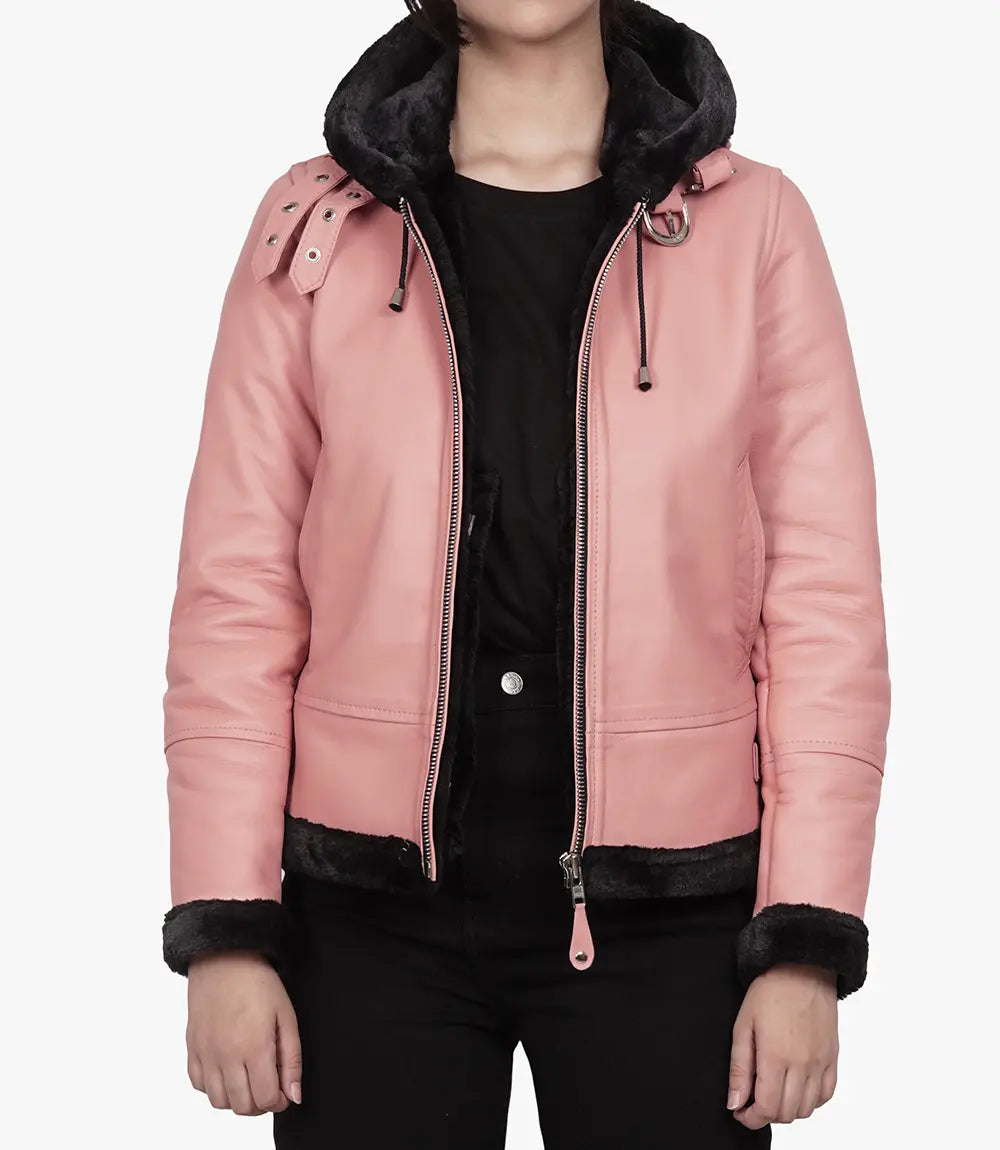 Women's Pink Aviator Leather Jacket With Hood LSW-0075