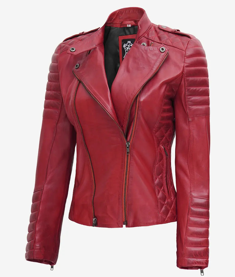 Women's Red Asymmetrical Padded Leather Moto Jacket LSW-0023