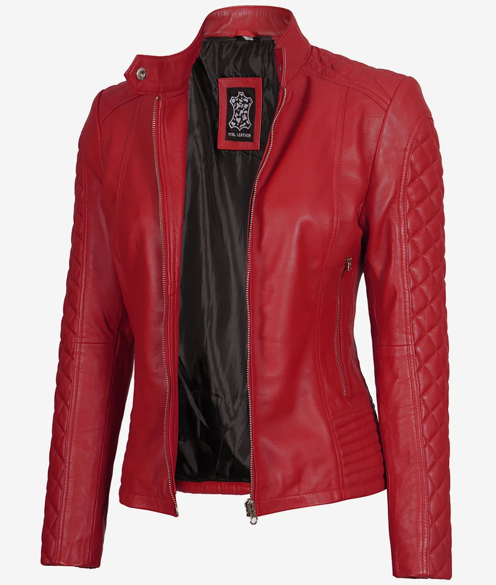 Women's Real Leather Red Quilted Cafe Racer Jacket LSW-0052
