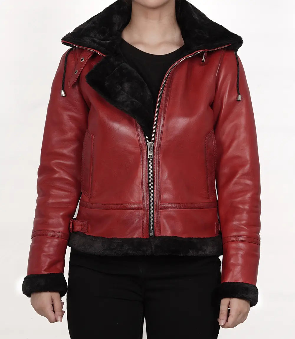 Women's Red B3 Bomber Shearling Leather Jacket LSW-0076