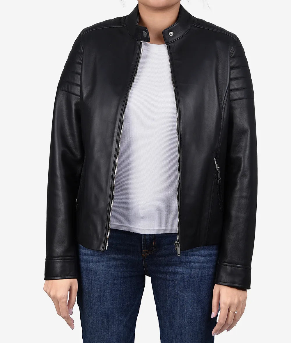 Womens Black Lambskin Leather Relaxed Fit Biker Jacket LSW-0057