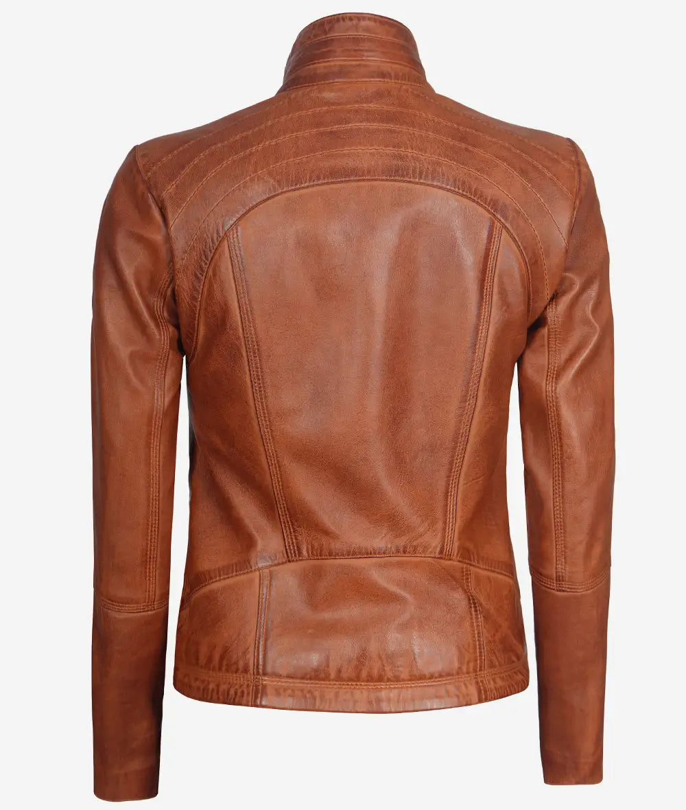 Acerra Women's Cognac Brown Cafe Racer Leather Jacket LSW-0045