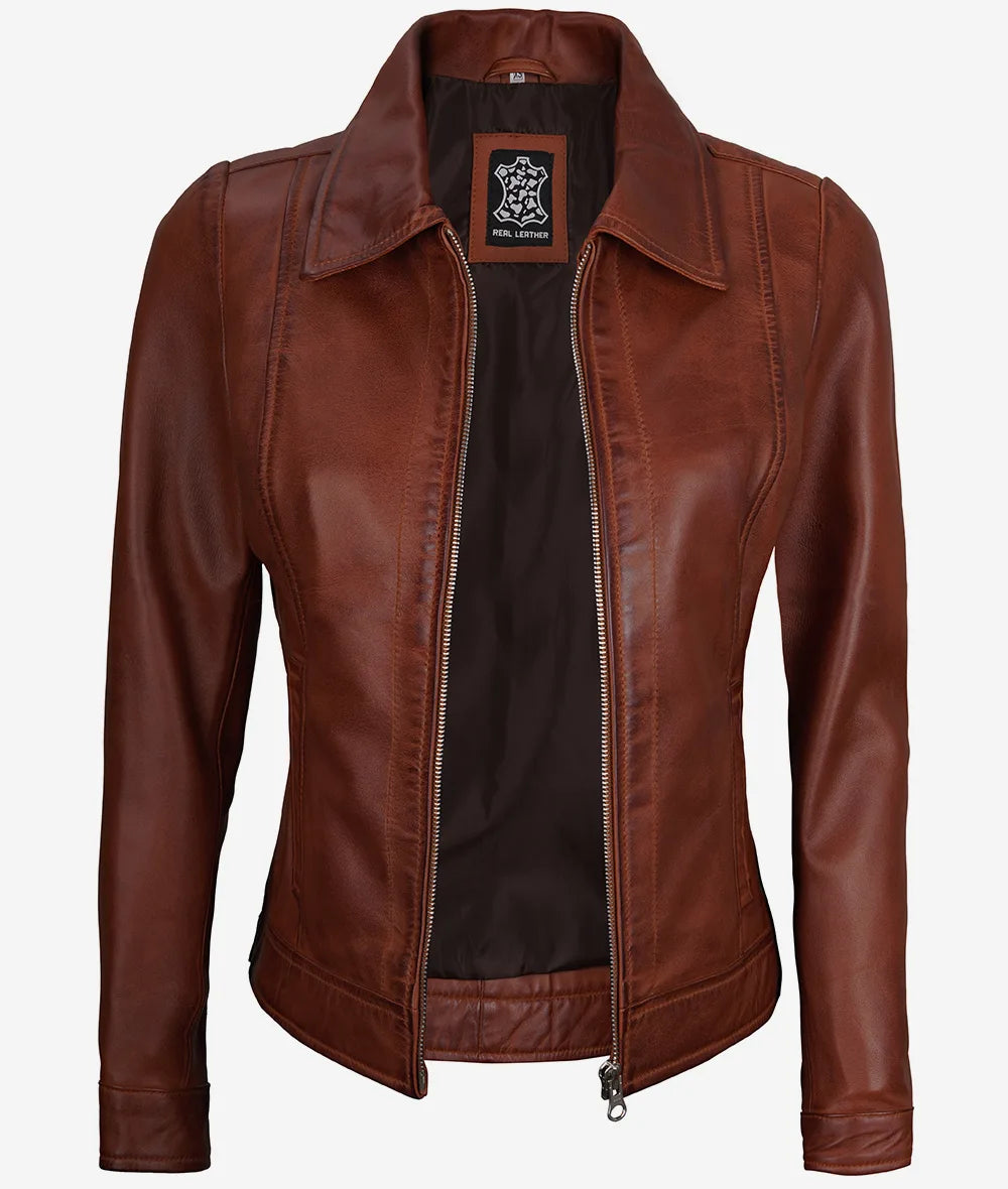 Womens Shirt Collar Leather Jacket LSW-0063
