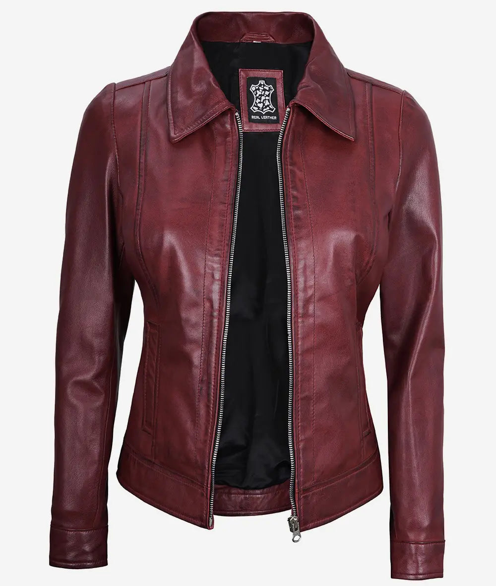 Womens Shirt Collar Leather Jacket LSW-0063