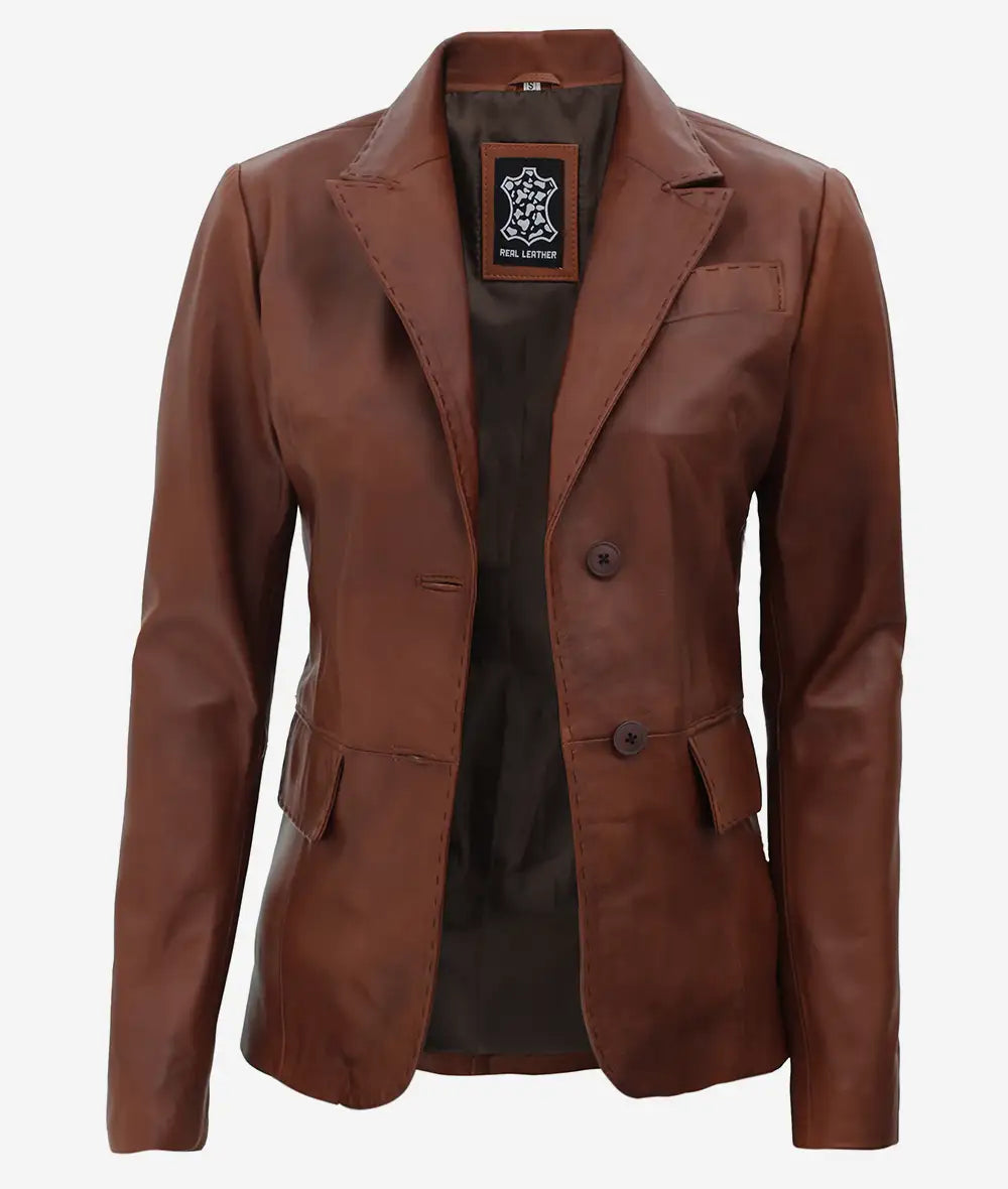 Womens Premium Two Button Brown Leather Blazer LSW-0088