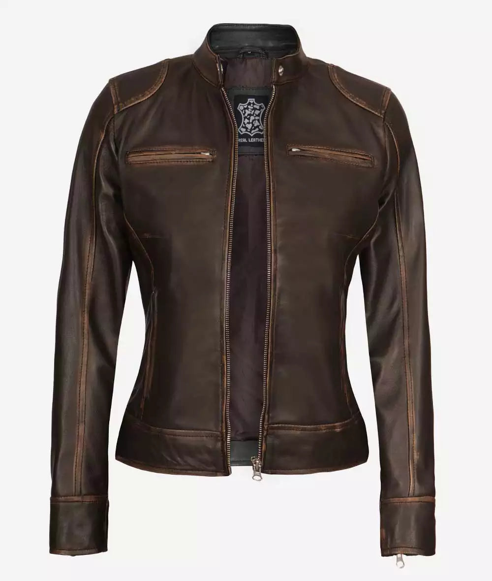 Dodge Womens Dark Brown Cafe Racer Leather Jacket LSW-0049