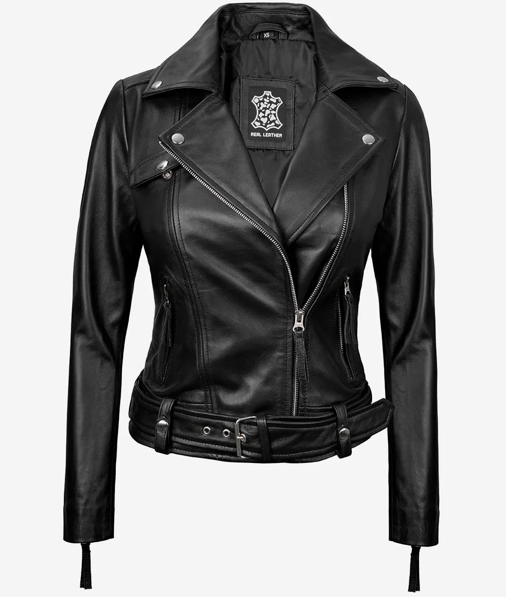 Women's Black Asymmetrical Leather Motorcycle Jacket LSW-0041