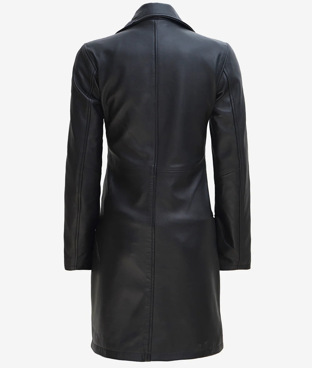 Women's Long Black Leather Trench Coat LSW-0102