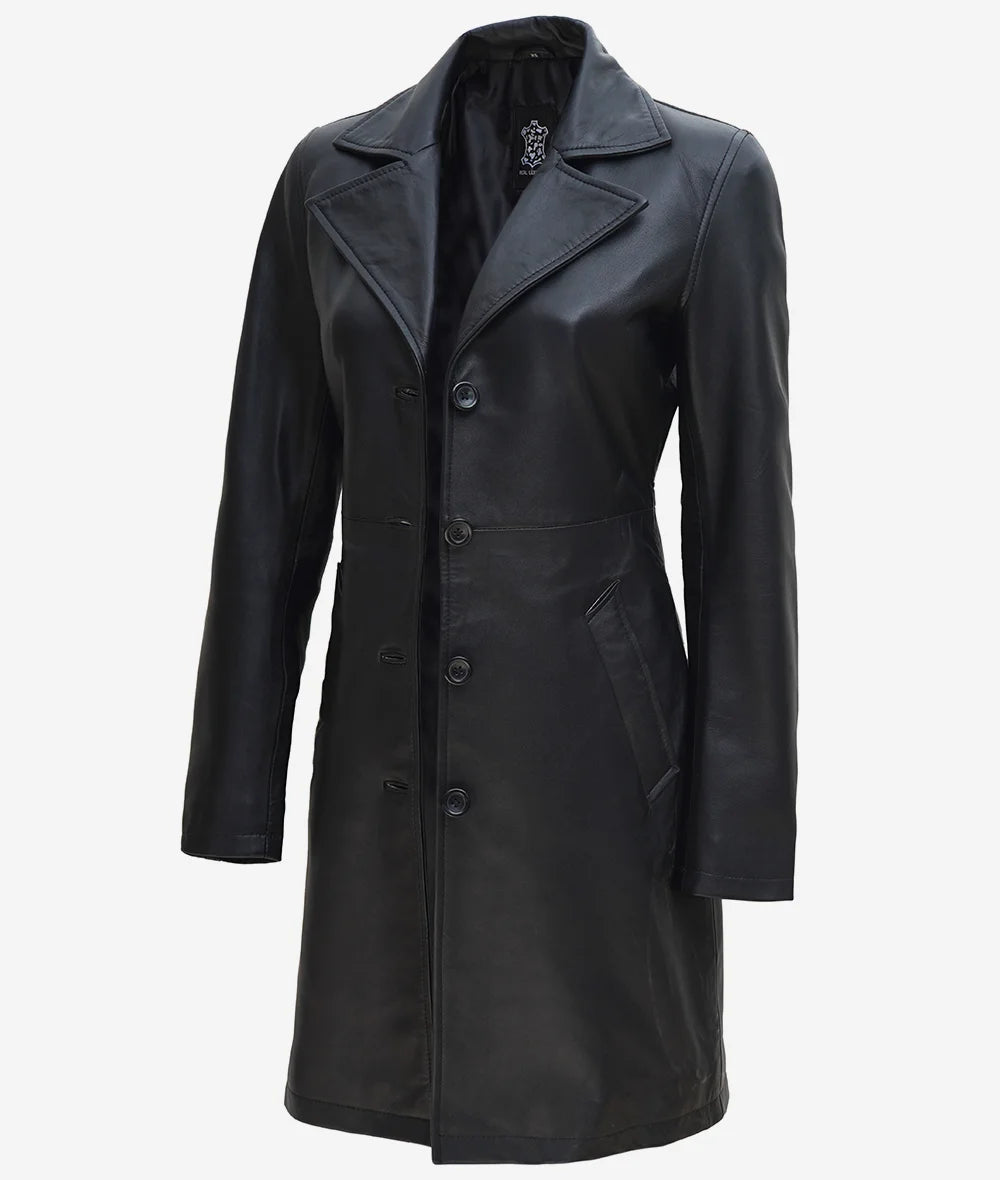Women's Long Black Leather Trench Coat LSW-0102