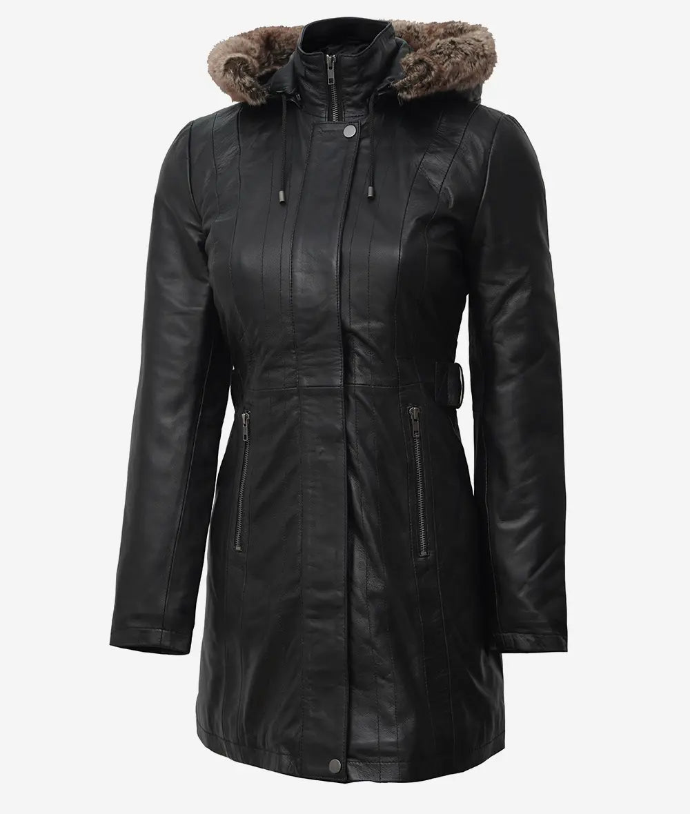 Women's Black Premium Leather Coat - Removable Fur Hood LSW-0099