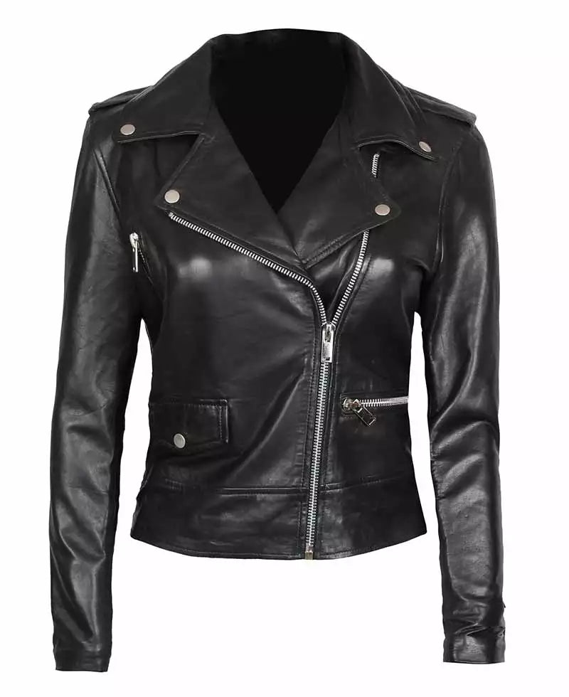Amber Women's Black Leather Asymmetrical Moto Jacket LSW-0038