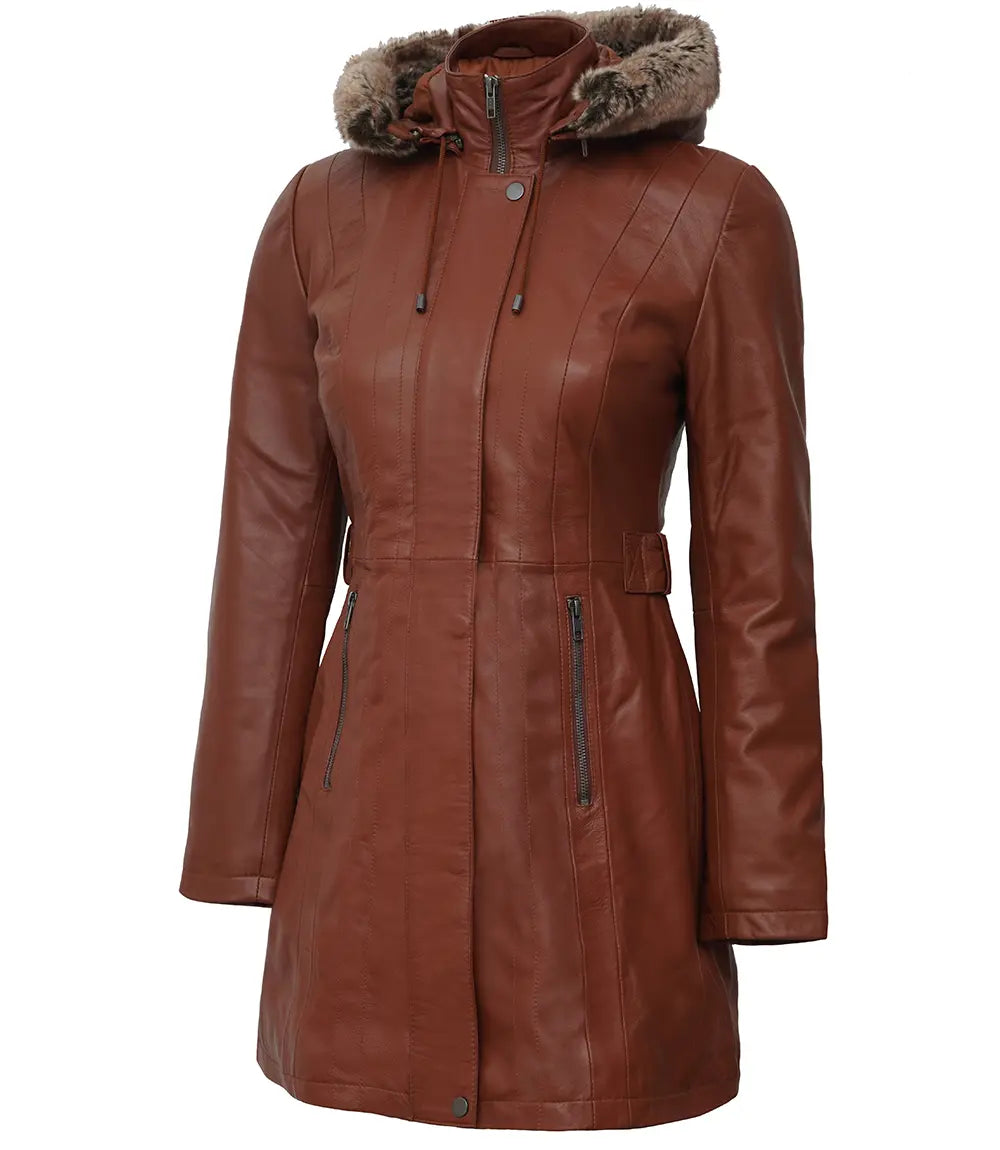 Women Brown Leather Coat With Fur Trim Removable Hood LSW-0104
