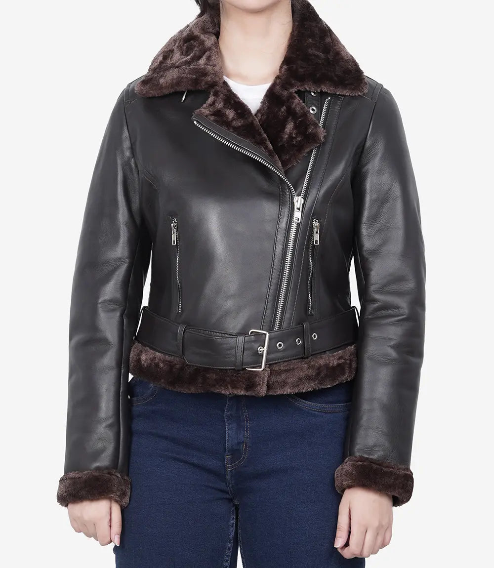 Women's Asymmetrical Shearling Leather Jacket LSW-0064