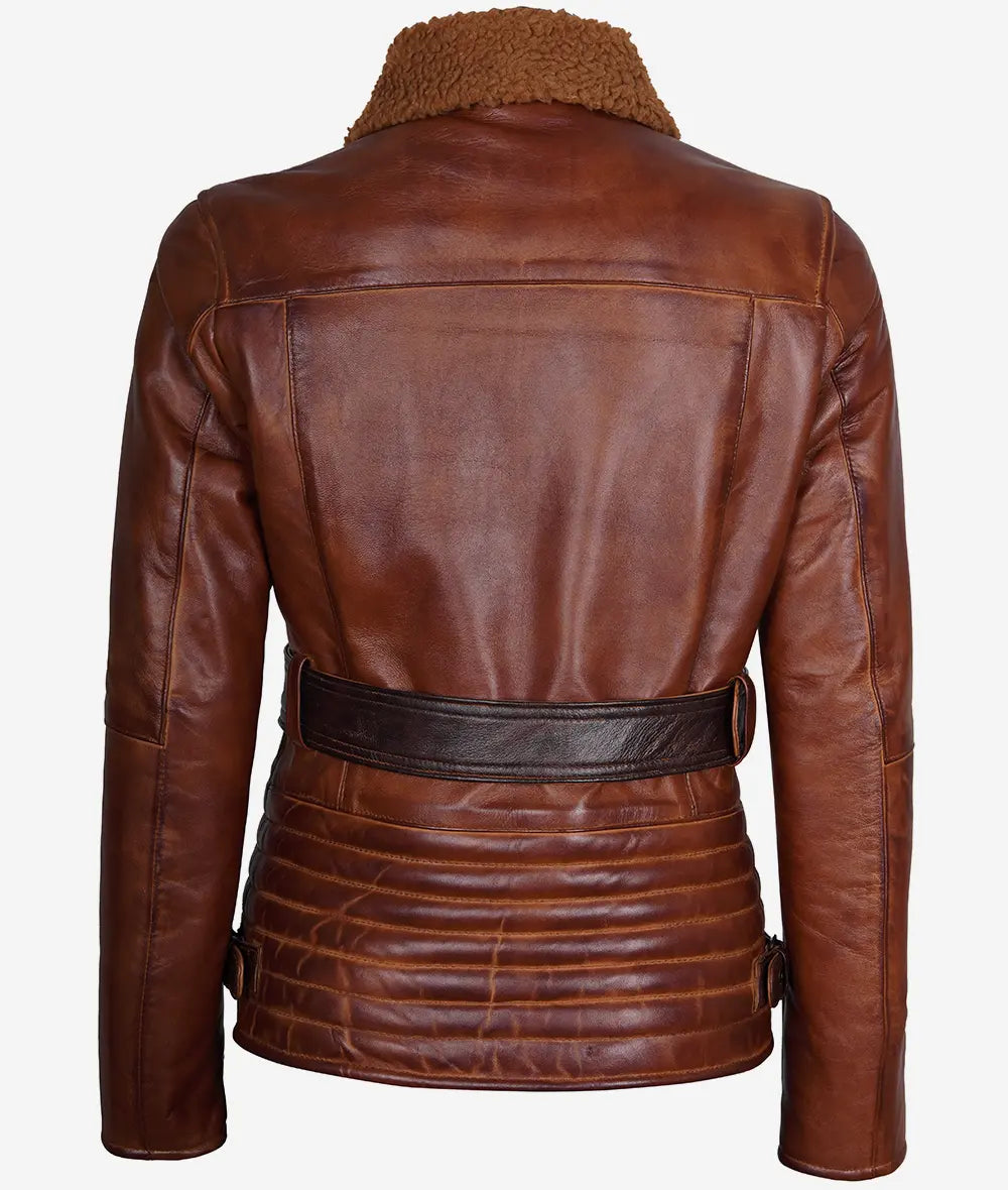 Womens Brown Moto Sherpa Leather Jacket LSW-0068