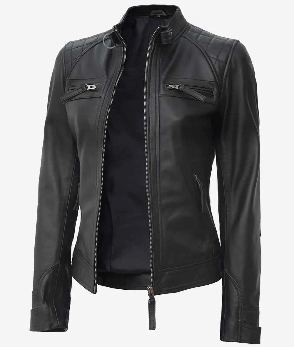 Womens Black Leather Cafe Racer Jacket - Quilted Shoulder LSW-0027