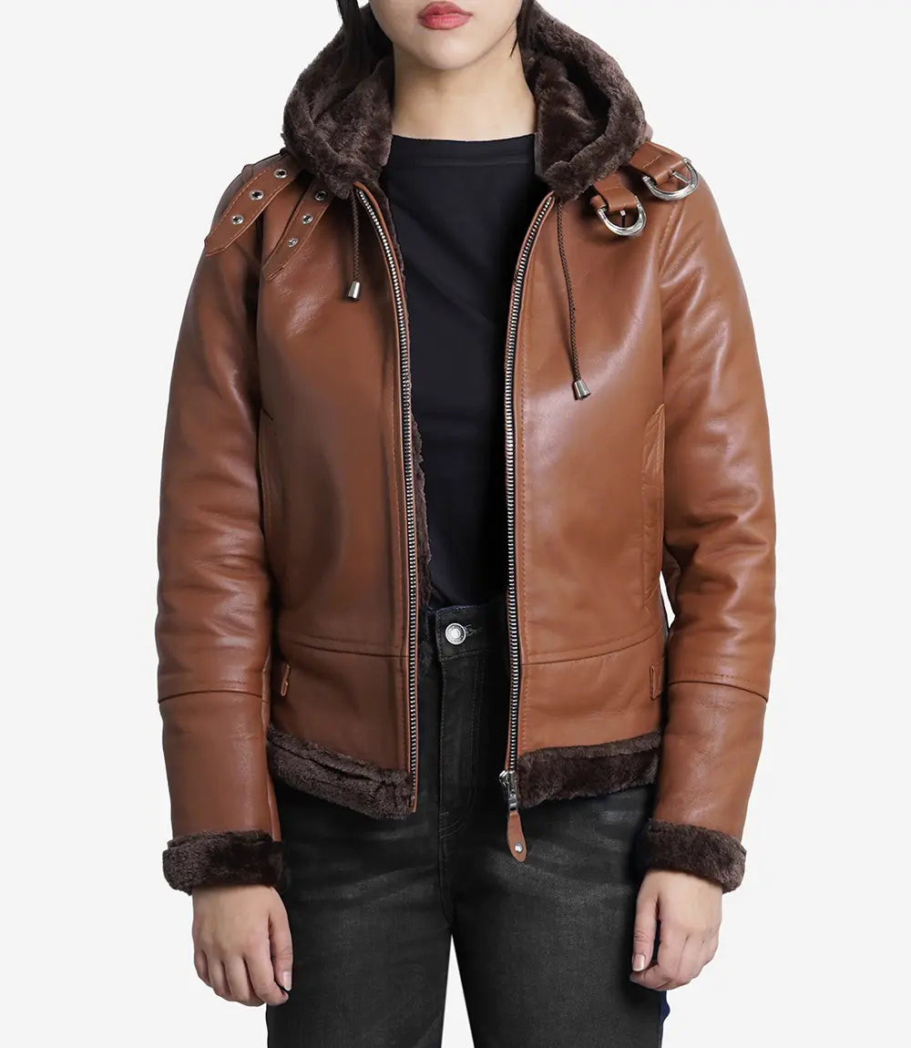 Women's Cognac Aviator Leather Jacket With Hood LSW-0074