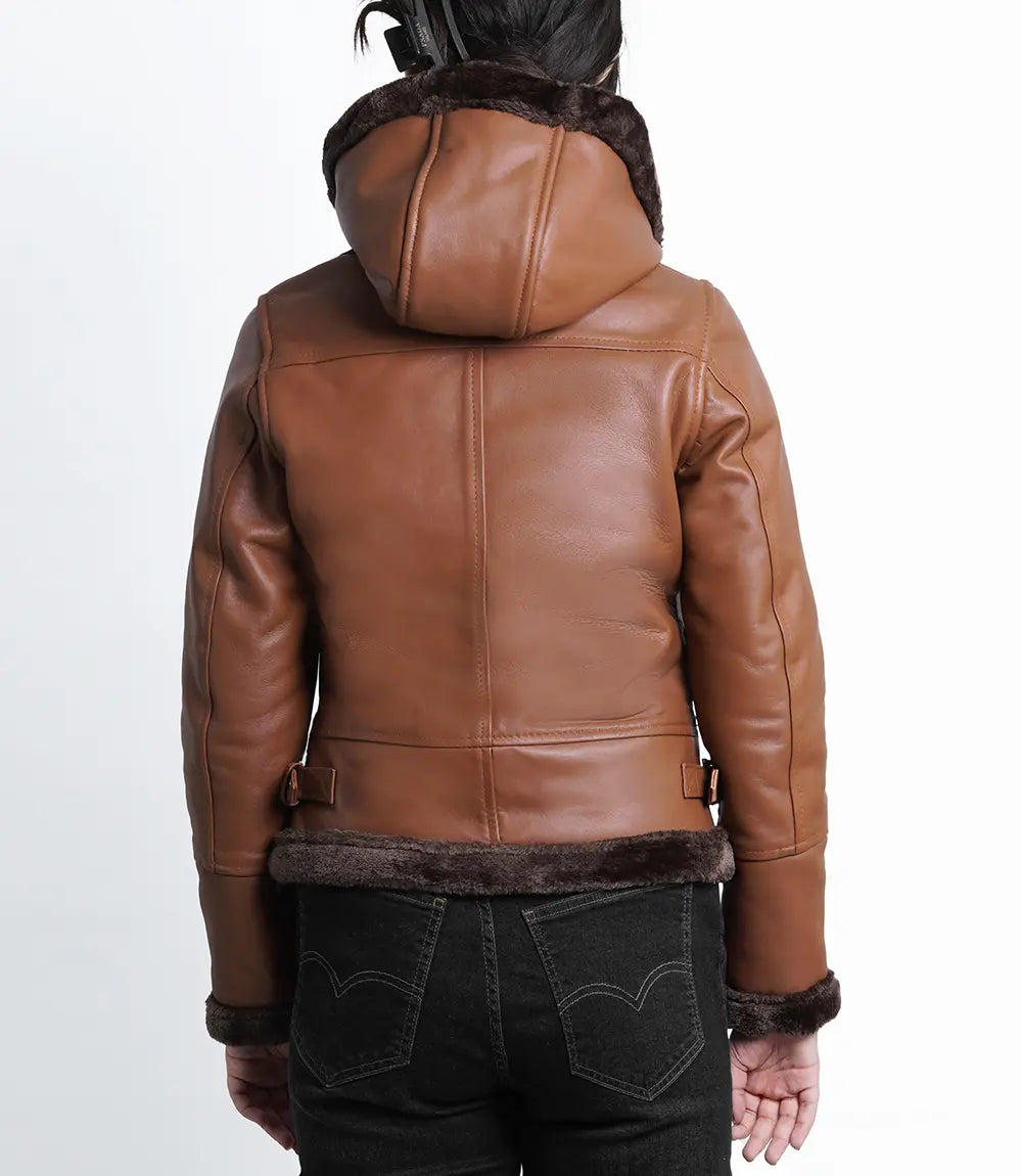 Women's Cognac Aviator Leather Jacket With Hood LSW-0074