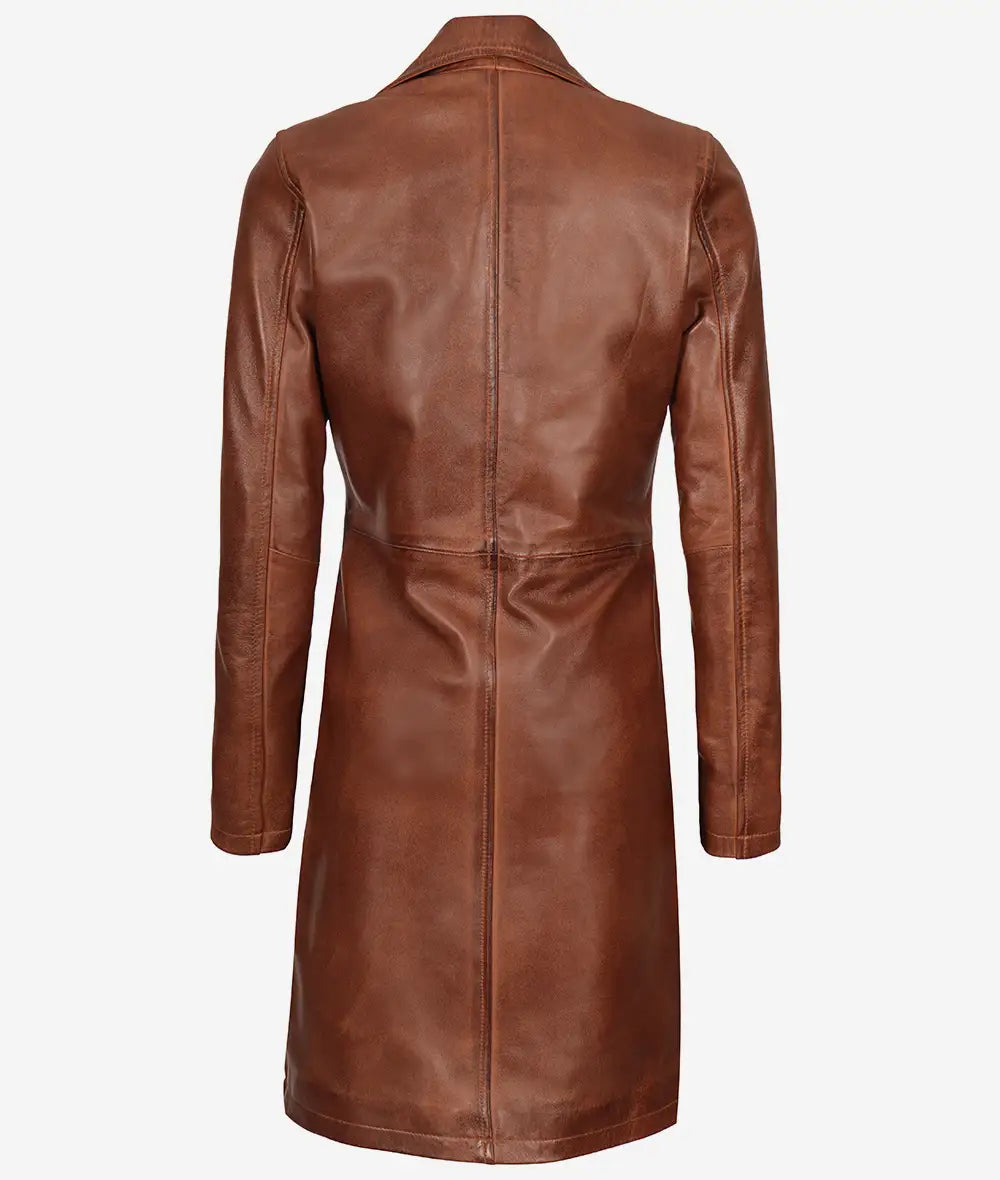 Long Cognac Leather Car Coat for Women LSW-0106
