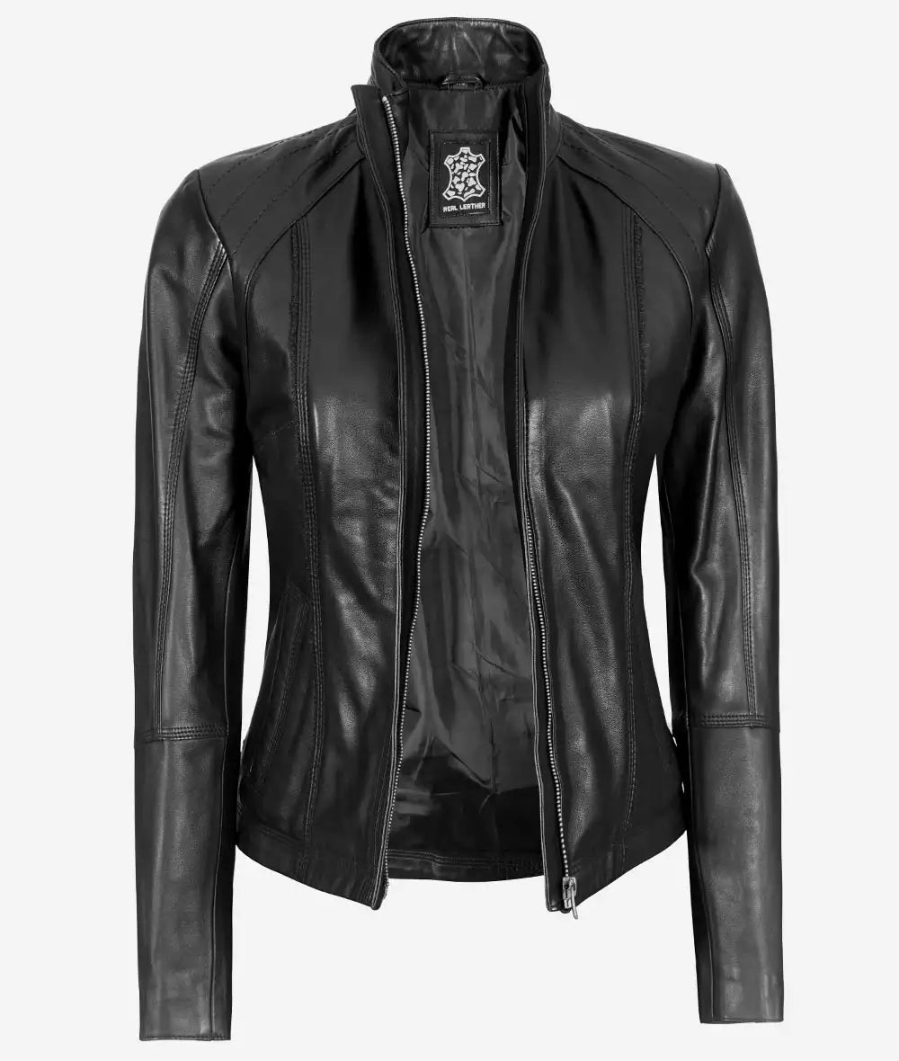 Acerra Womens Black Cafe Racer Leather Jacket LSW-0034