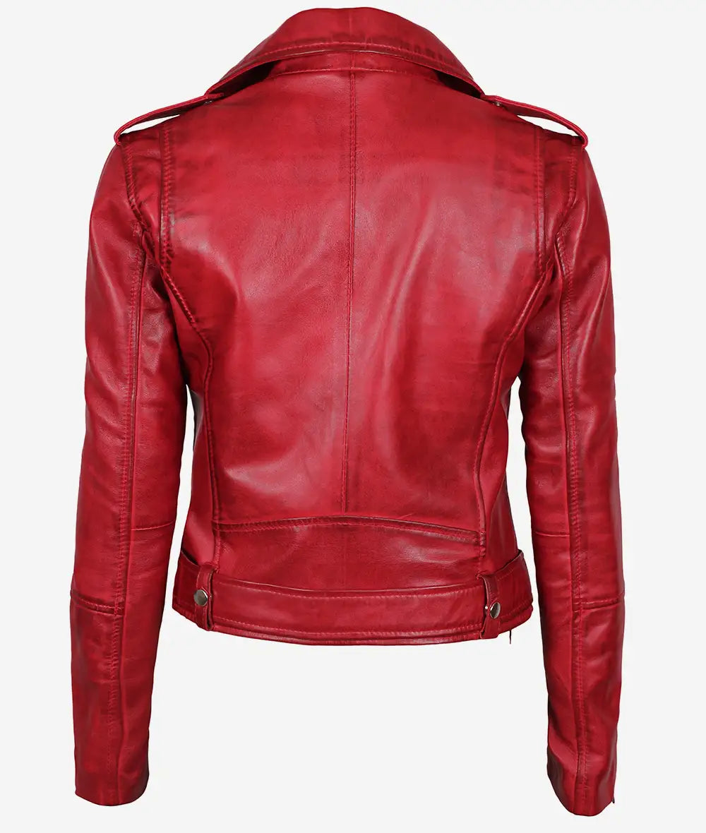 Women's Red Asymmetrical Moto Leather Jacket LSW-0031