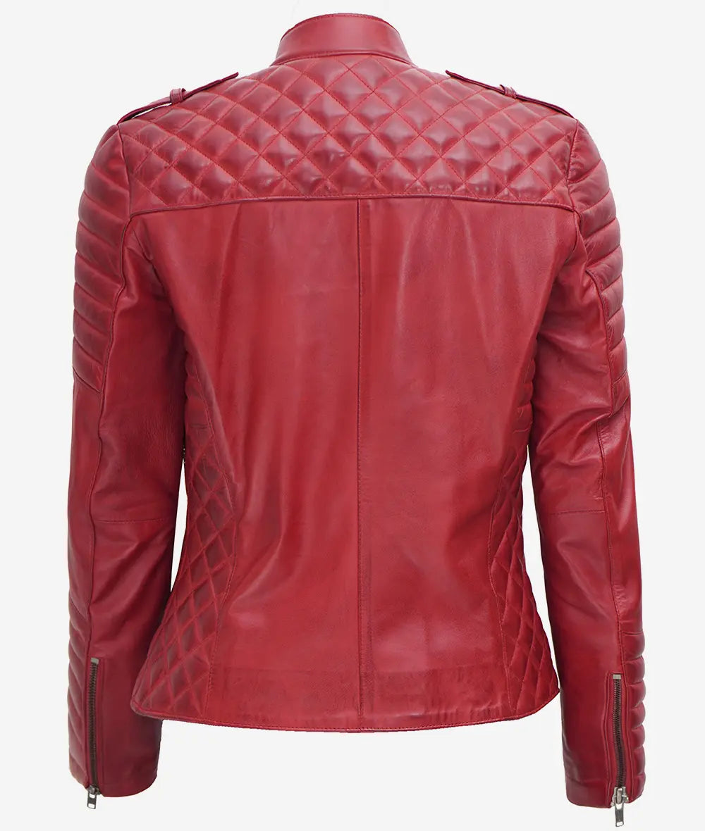Women's Red Asymmetrical Padded Leather Moto Jacket LSW-0023