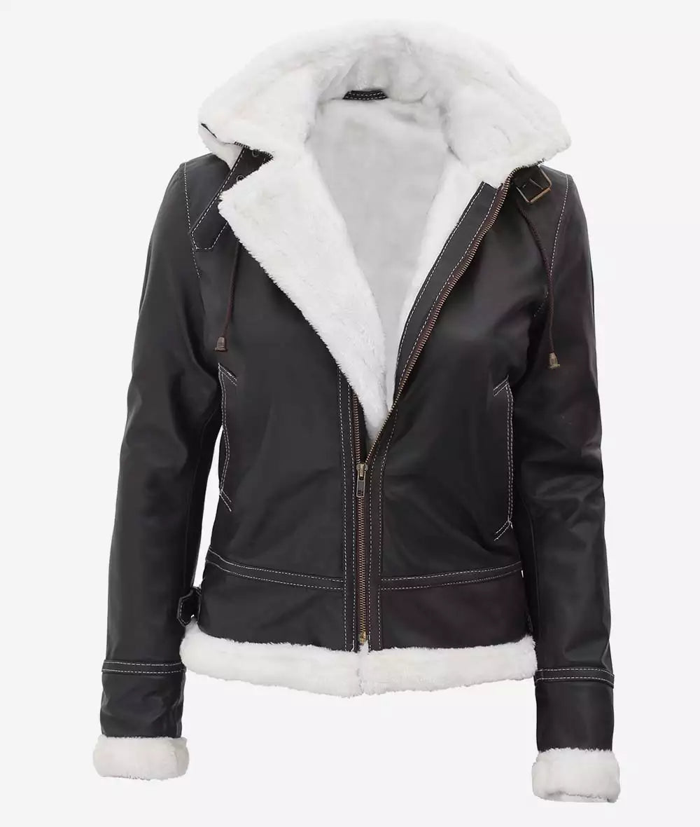 Women's Mary B3 Hooded Brown Shearling Bomber Jacket LSW-0070
