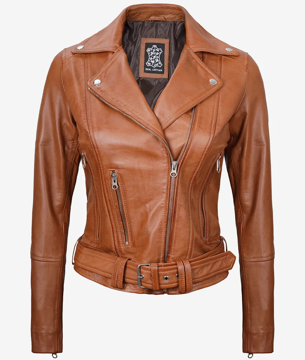 Women's Asymmetrical Belted Leather Jacket LSW-0017