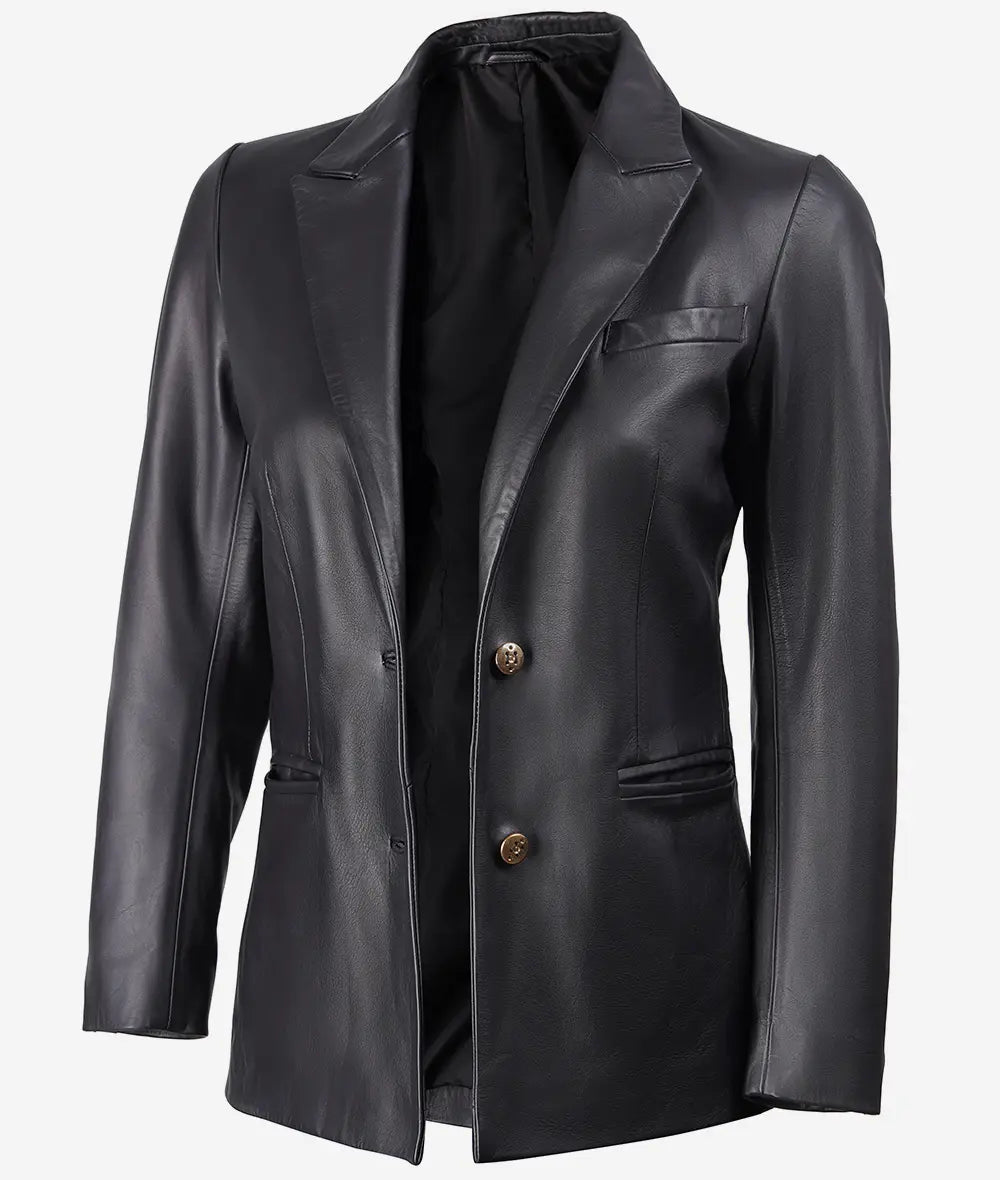 Women's Premium Two Button Black Leather Blazer - Peak Lapel LSW-0110