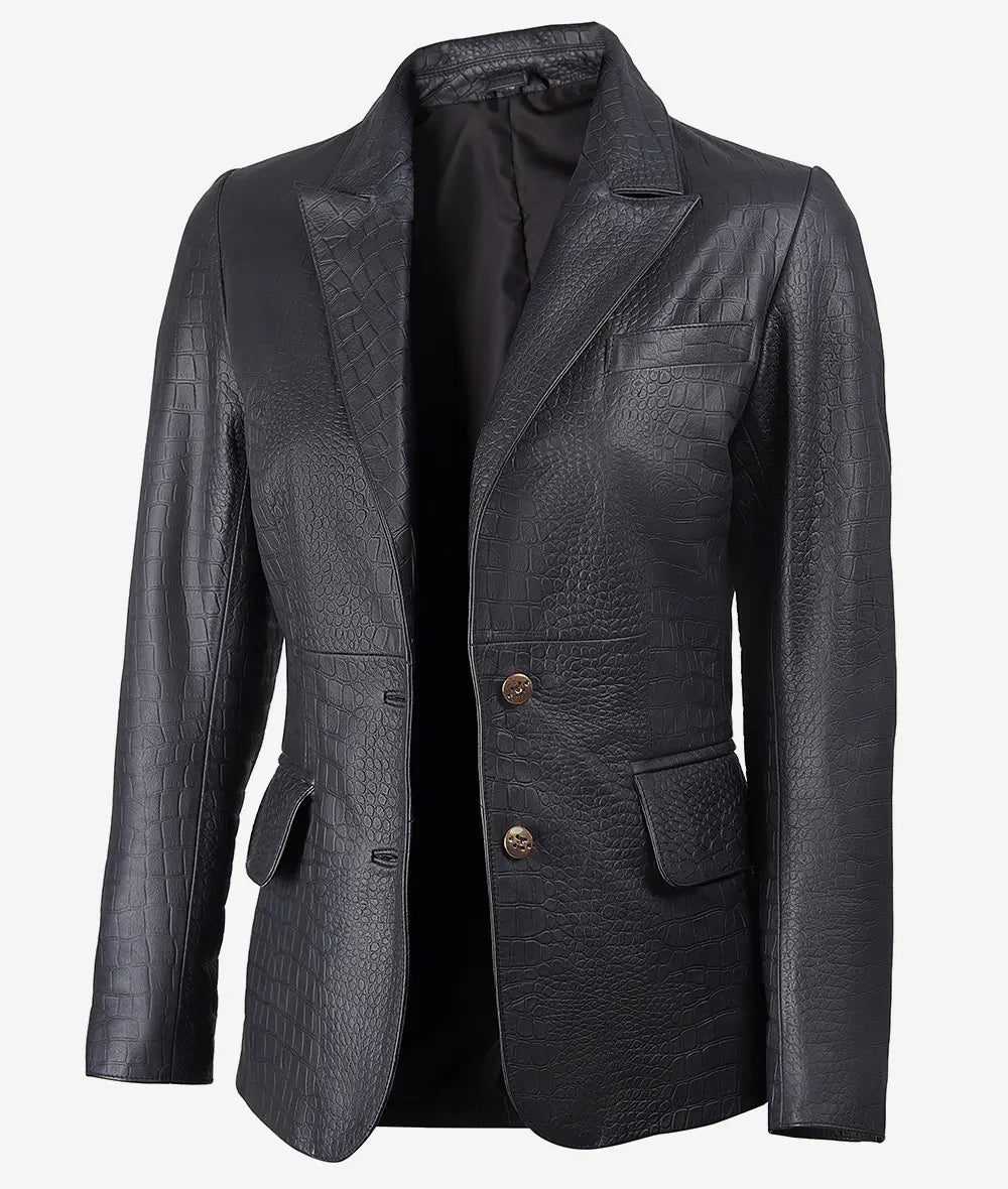 Women's Premium Leather Crocodile Textured Black Blazer LSW-0095